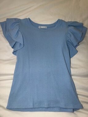 Zara Light Blue Ruffle Sleeve Ribbed Top